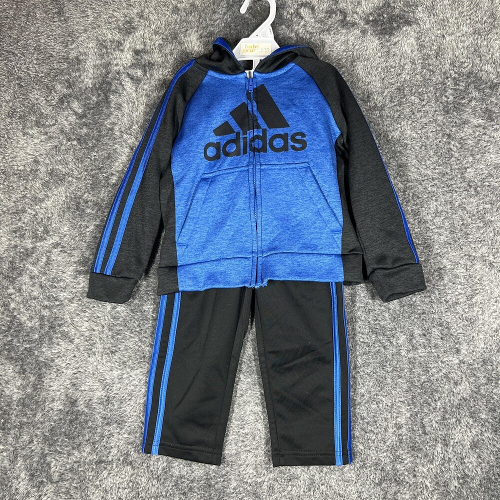 Adidas Outfit Boys 3T Blue Hoodie Pants Fleece Zip Hooded Tracksuit Activewear